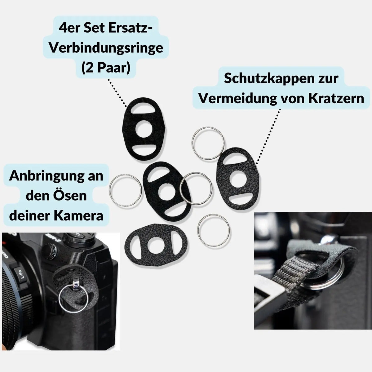 Camera strap connecting rings, round, 2 pairs with scratch protection