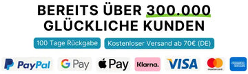 300.000 Kunden-Zufriedenheitsabzeichen mit grünem Text und weißem Hintergrund.