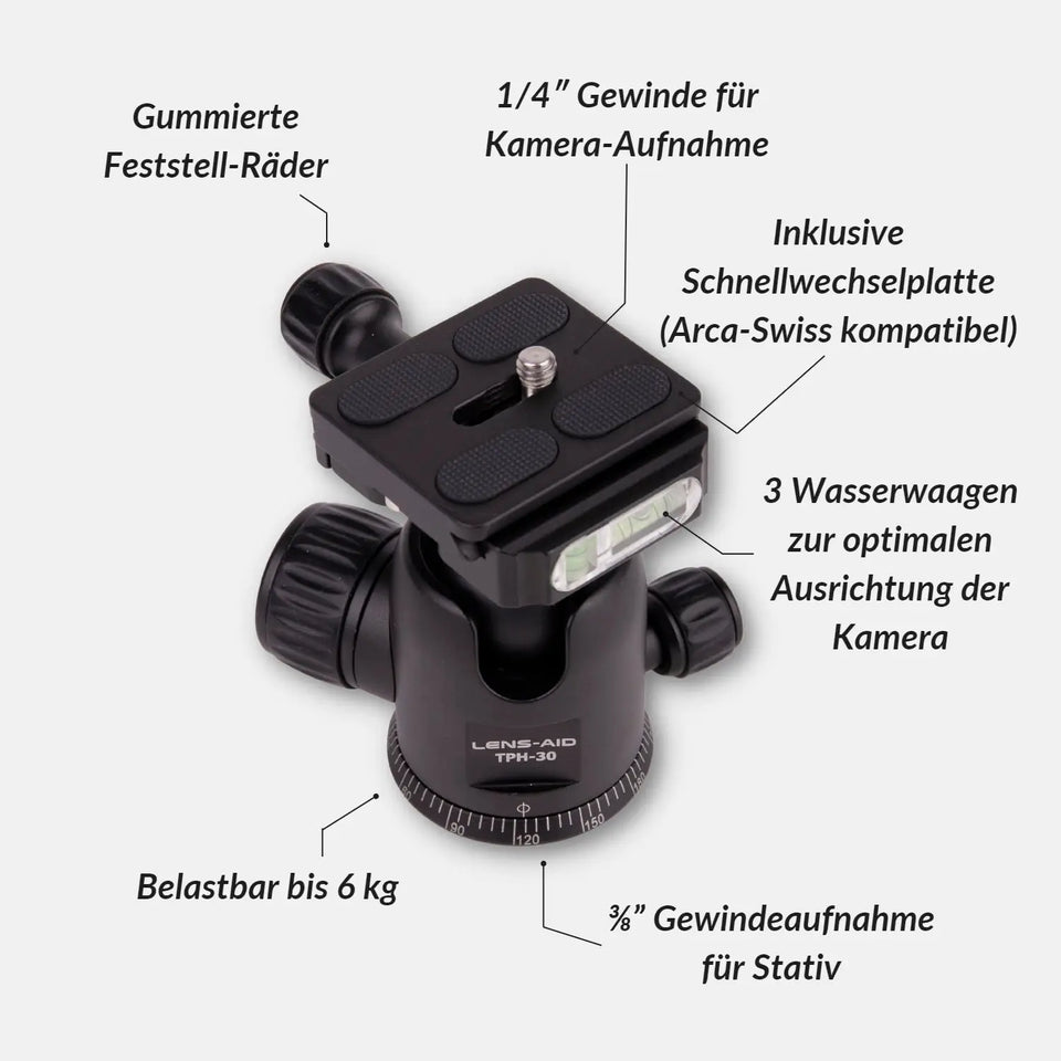 360° Stativkopf TPH-30 mit Schnellwechselplatte - Kamera & Foto > Stative Einbeinstative Stativzubehör Stativköpfe