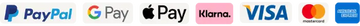 Das Bild zeigt eine Reihe von Zahlungssystem-Logos, darunter PayPal, Google Pay, Apple Pay, Klarna, Visa, Mastercard und American Express.