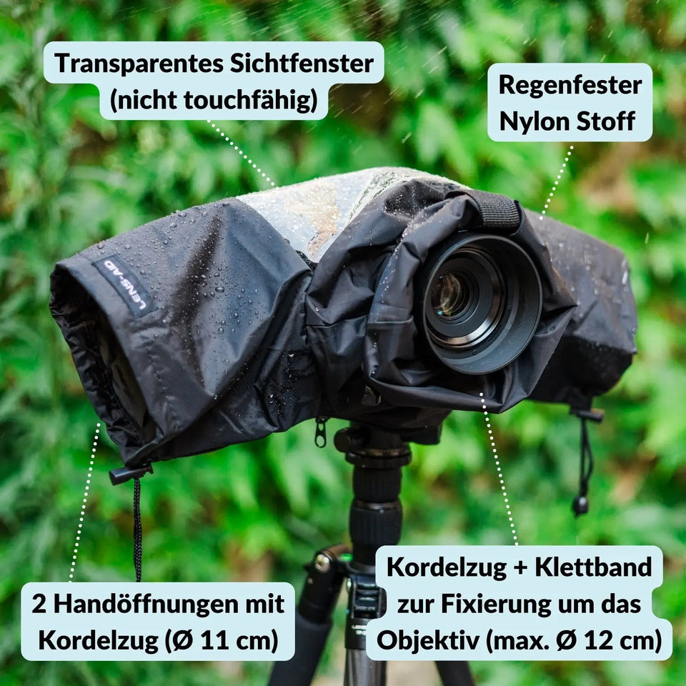 Regenhoes voor camera: Weerbestendige bescherming voor spiegelreflexcamera's en systeemcamera's, gemaakt van nylon.