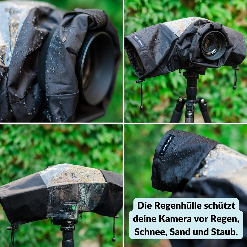 Regenhoes voor camera: Weerbestendige bescherming voor spiegelreflexcamera's en systeemcamera's, gemaakt van nylon.