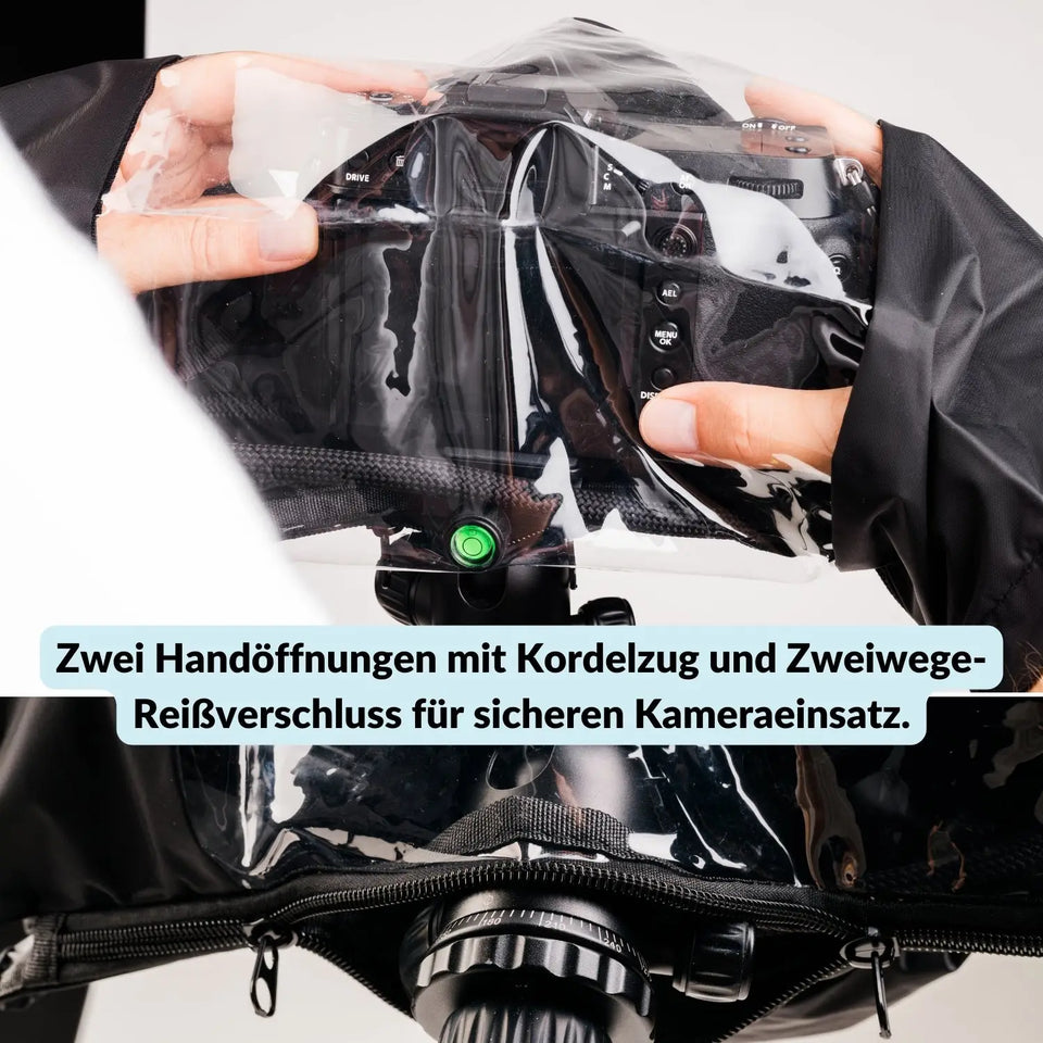 Regenhoes voor camera: Weerbestendige bescherming voor spiegelreflexcamera's en systeemcamera's, gemaakt van nylon.