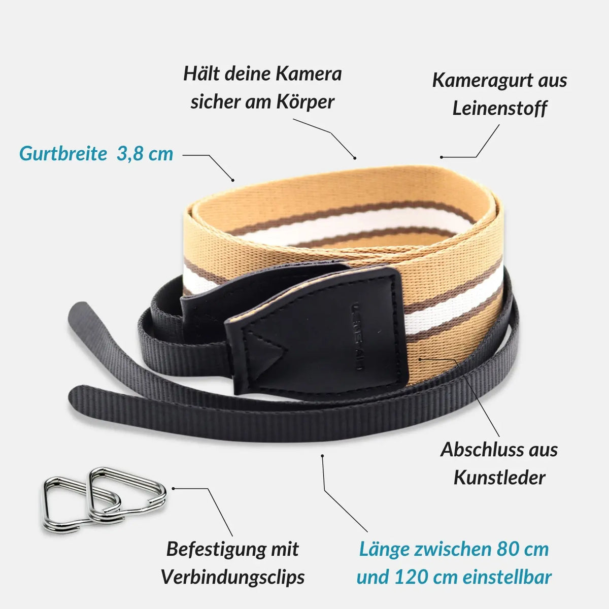 Linen camera strap in a striped design, 80–120 cm - Camera & Photo > Camera Accessories Camera Straps