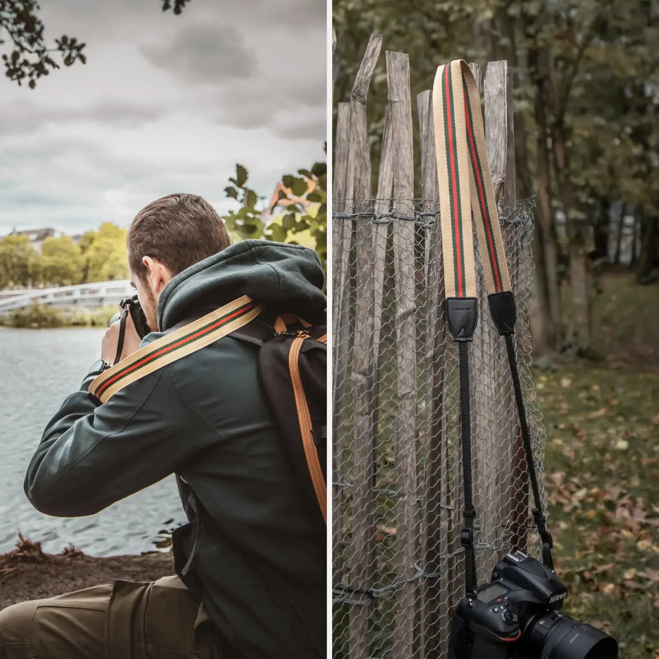 Linen camera strap in a striped design, 80–120 cm - Camera & Photo > Camera Accessories Camera Straps