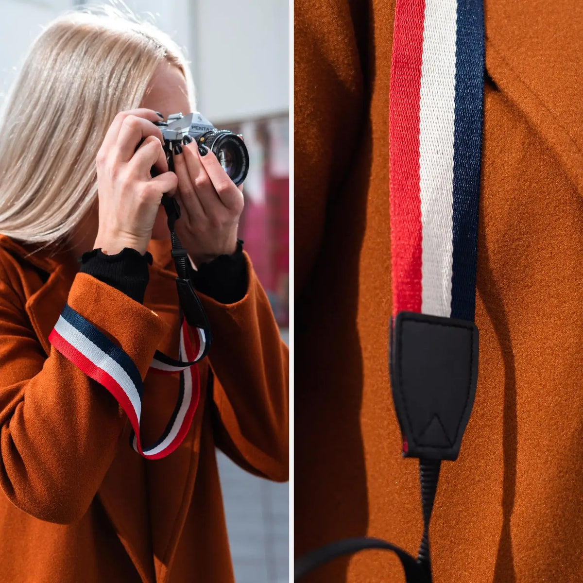 Linen camera strap in a striped design, 80–120 cm - Camera & Photo > Camera Accessories Camera Straps