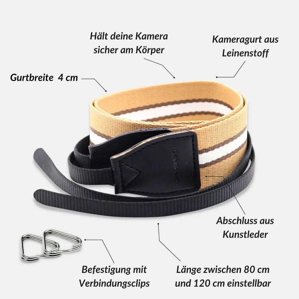 Linen camera strap in a striped design, 80–120 cm - Camera & Photo > Camera Accessories Camera Straps