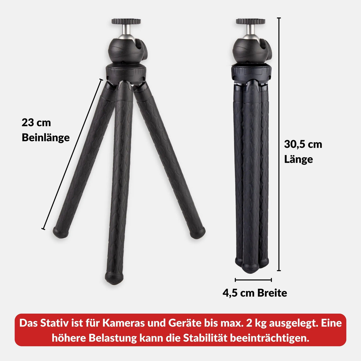 Kleines Stativ mit flexiblen Beinen & Aluminium-Kugelkopf
