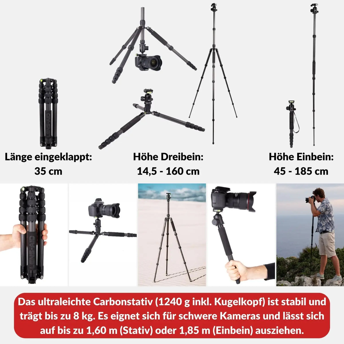 Carbon Reisestativ 160cm 4-in-1 bis 8kg mit 360° Kugelkopf – leicht & kompakt - Kamera Foto > Stative Einbeinstative