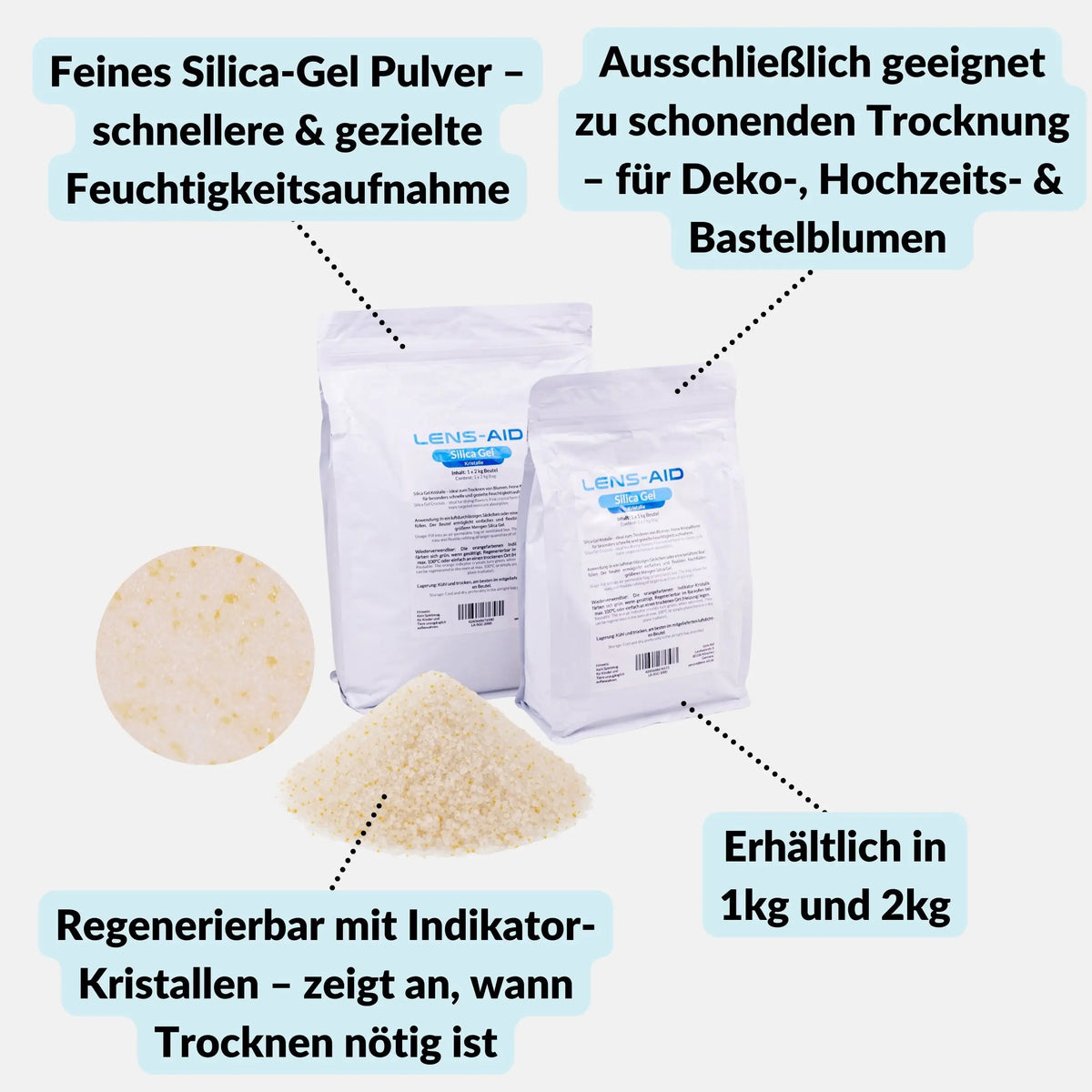 Gel de silice pour le séchage des fleurs - poudre fine avec indicateur de couleur