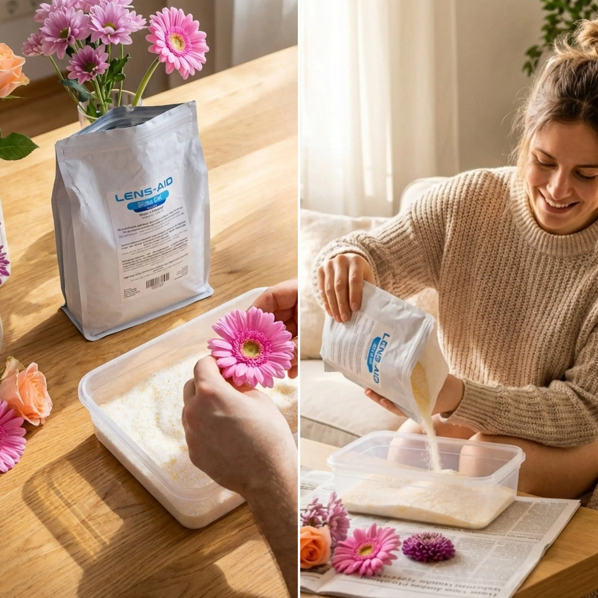 Gel de silice pour le séchage des fleurs - poudre fine avec indicateur de couleur